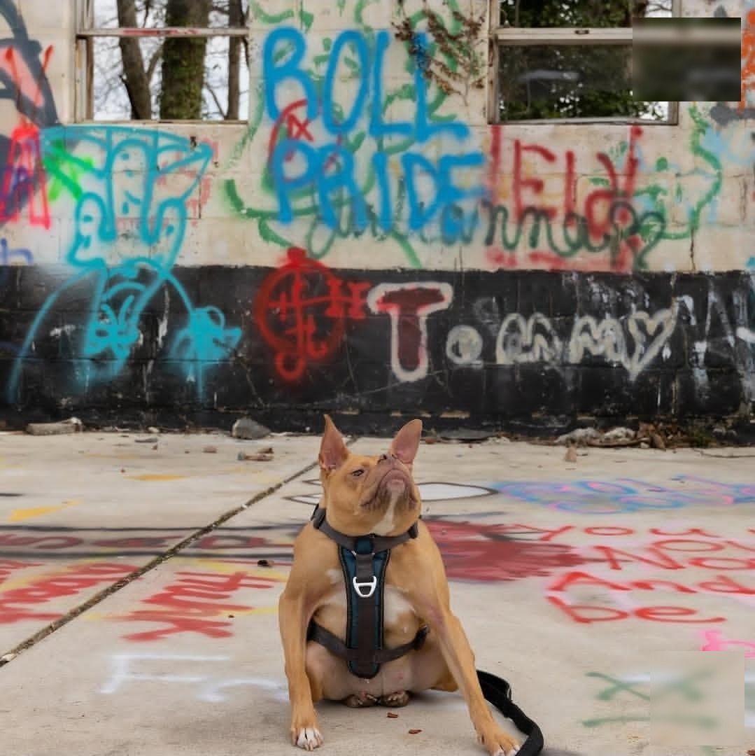 Ivy sitting in front of a colourful graffiti wall